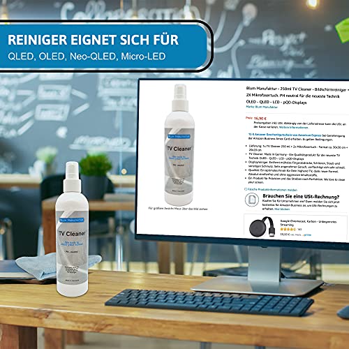 Blum Manufaktur 250ml TV-Reiniger Komplettset - Reinigungs-Spray für Fernseher Aller Art - Bildschirmreiniger - TV-Cleaner + Mikrofasertuch