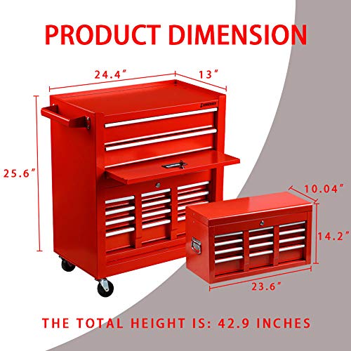 INTERGREAT Rolling Tools Chest with Drawers Tools Storage Chest for Garage Toolbox Chest on Wheels 8-Drawer Tool Storage Cabinet Steel Red