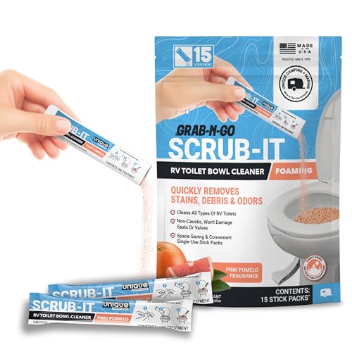 Unique Scrub-It Foaming RV Toilet Cleaner - Pink Pomelo Scent, 15 Count Stick Packs, Premeasured, No-Mess, Grab-N-Go Powder Removes Stains from RV Toilet Bowls, Helps Lubricate Valves and Seals
