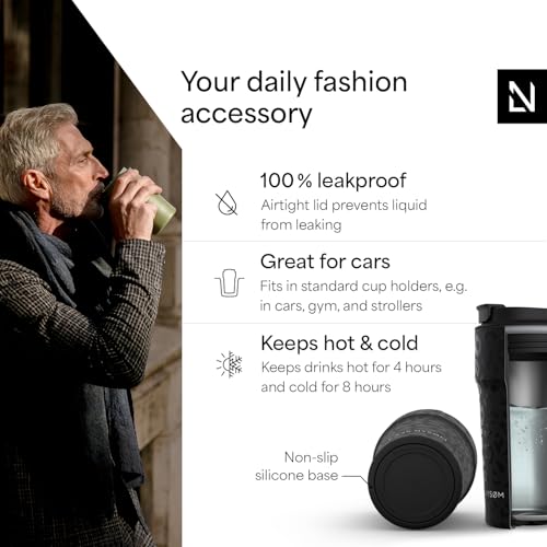 Image of LARS NYSOM Thermo Coffee Mug to go 17oz | Travel Mug 0.5 Liter with Insulation | Silicone grip base | Leak Proof Stainless Steel Tumbler for Coffee and Tea on the Go (Black, 17oz)