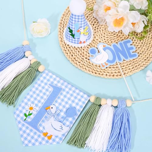 Image of Goose 1st Birthday Highchair Banner Goose Theme Blue Ginghams Tassel Banner Hat Cake Topper Highchair Photo Prop for Boy Birthday Party Decorations