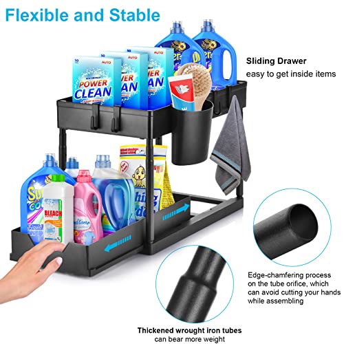Height-Adjustable Under Sink Organizers And Storage, 2-Tier Under The Sink Organizer With Sliding Drawer, Hooks, And Hanging Cup, Premium Bathroom Organizer Under Sink #TOP2