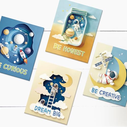 Image of CHDITB Space Astronaut Kids Framed Canvas Wall Art Nursery Inspirational Artwork,Outer Space Galaxy Wall Decor,Rocket Planets Motivational Poster,Boys Prints For Living Room Bedroom Decor 8 inchX10 inchX6