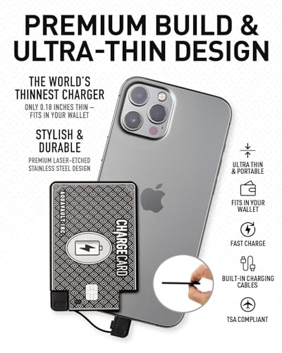 AquaVault ChargeCard – Ultra Slim Emergency Power Bank (2300mAh) – Fits in Wallet – USB-C & Micro-USB – Durable Steel Body – Flight-Safe Pocket Charger for iPhone 16/15/14/13/12, Android - (Black)