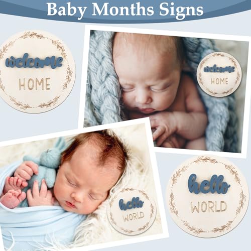 Image of Baby Monthly Milestone Cards, Wooden 3D Baby Milestone Signs, Double Sided Blue Monthly Baby Milestone for Newborn Boy Girl 1-12 Months Photos
