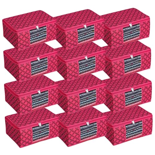 Bindian Multipurpose Saree Cover for Wardrobe Storage | Premium Non-Woven Fabric Cloth Organizer Box with Transparent Window & Zipper | Ideal for Storing Sarees & More (Red Lining, Pack of 12)