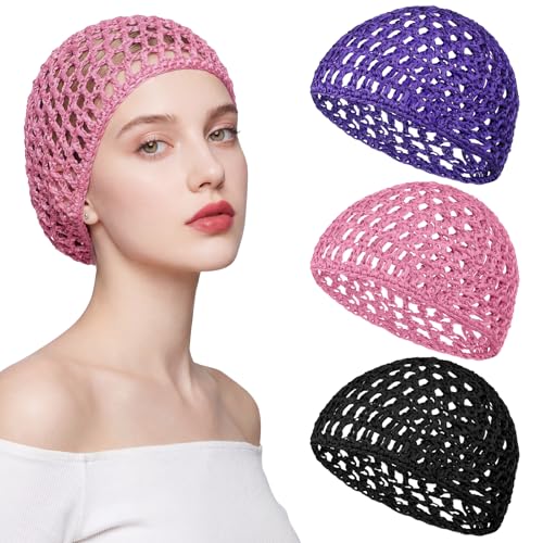 3 Pcs Hair Nets for Sleeping Mesh Crochet Hair Net Snoods, Breathable Soft Rayon Knit Sleep Bonnets, Reusable Wrap Caps Shower Caps Sleep Cap for Wig Curly Hairs Protection (Blue, Black, Pink)