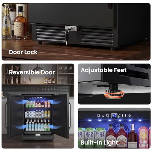 Image of 24 Inch Wide Under Counter Beverage Refrigerator, 210 Cans Large Capacity Drink Cooler, Freestanding & Built-in Beer Wine Soda Fridge with LED Light, for Home Kitchen Bar Office Outdoor Patio Black