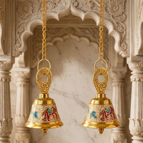 Image of DSH Pure Brass Hanging Bell with Chain for Temple Mandir Door Home Decorative Ringing Bell (White, 2)