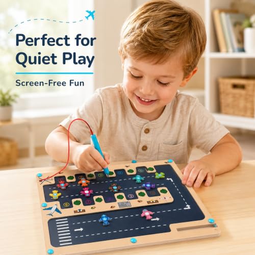 Image of Magnetic Number Maze Toy for Toddlers Ages 3-5, Wooden Airport Parking Puzzle with Magnetic Pen, Montessori Counting & Number Matching Learning Toy, Fine Motor Skills Activity for Boys Girls 3 4 5
