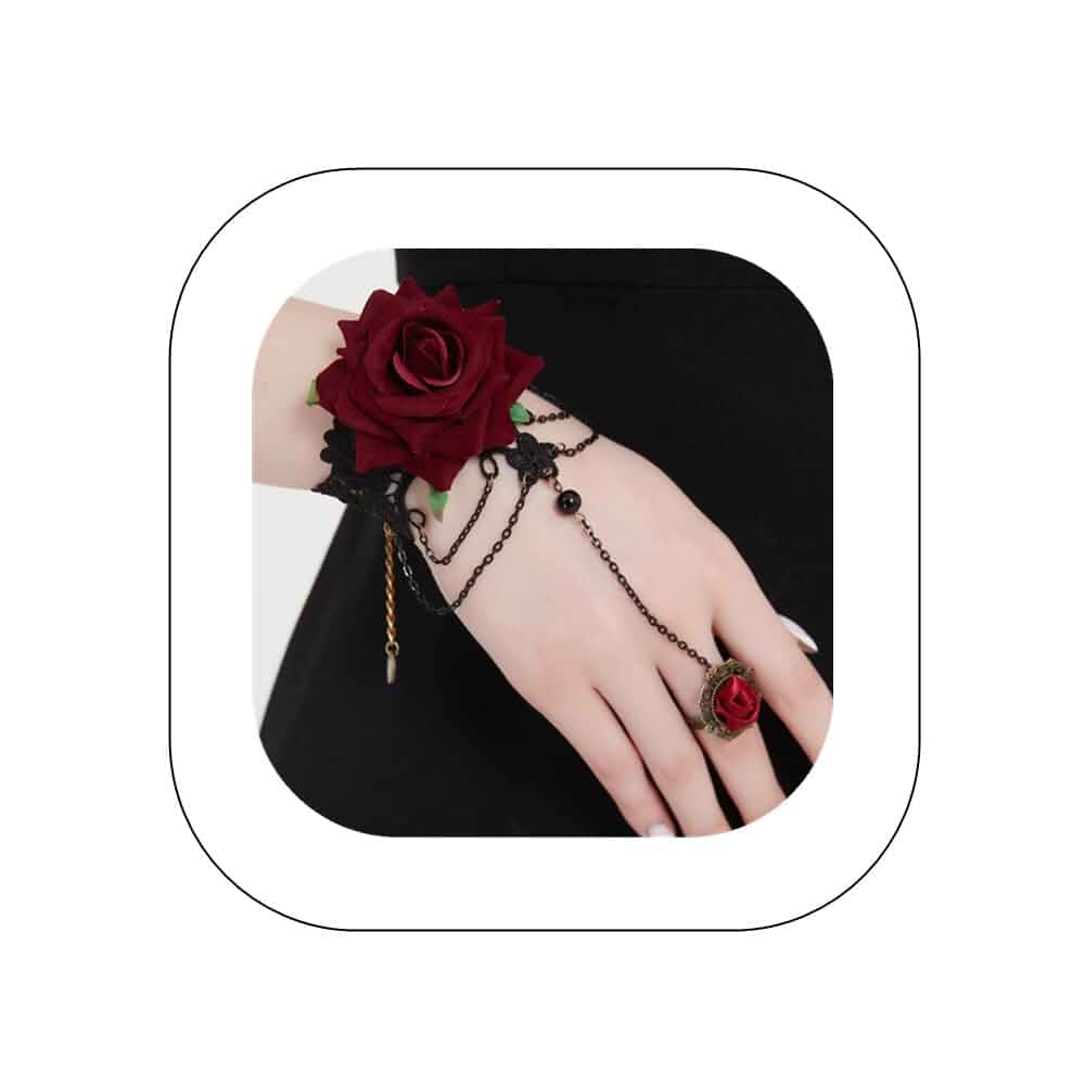 Asphire Gothic Lace Bracelet with Finger Ring Rose Flower Slave Bracelet Lolita Costome Party Harness Hand Chain for Women Bride Girls