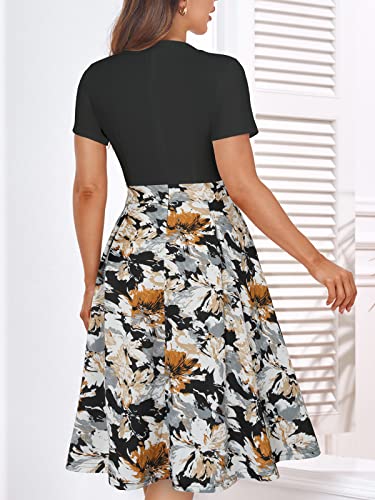 Image of YATHON Womens Elegant Print Notched Neck Slant Pocket Pleated Hem Casual A-Line Dress
