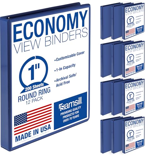 Samsill 1 Inch 3 Ring Binders Economy Round Ring Clear View Cover 200 Sheet Capacity - for School Home Office - Blue 12 Pack