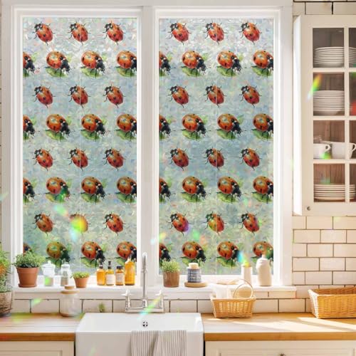 Película opaca para ventana con diseño de mariquitas y hojas beige 17.7"x39.3" miniatura 2