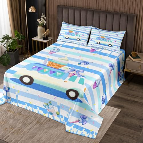 Erosebridal Ice Cream Truck Coverlet Set,Yummy Popsicles Quilt Set Twin Size for Kids Boys Girls,Kawaii Bow Bedspread Set,Blue Stripes Bed Cover