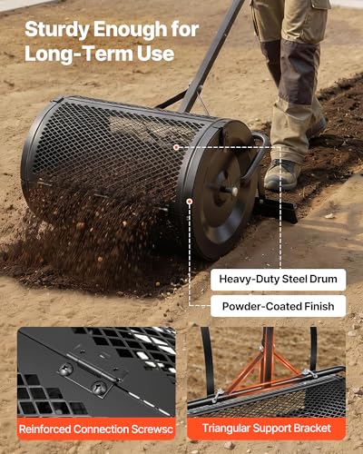 Image of VEVOR Compost Spreader, 24 inch Wide Peat Moss Spreader with Push /Tow Handle & Brush, 4 Heights Adjustable, Powder-Coated Steel Garden Peat Moss Roller, Heavy Duty Grass Seed Roller for Planting Seeding