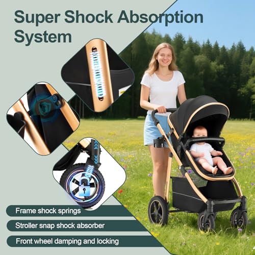 Lnhcrbs Kinderwagen 3 in 1, Kinderwagen & Buggys mit Autositz mit verstellbarem Griff, Kinderwagen mit Feststellbaren Vorderrädern, für 22 kg, 0-4 Jahre(Schwarz)