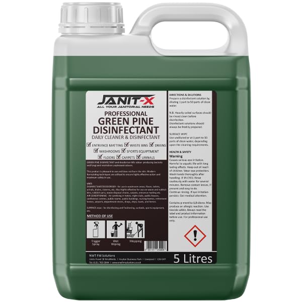 Janit-X Professional Green Pine Disinfectant & Deodoriser Concentrate 2 x 5 Litre for use in Kitchen/Outdoor/Washroom Areas; Floors, Toilets, urinals, drains, cisterns, etc.