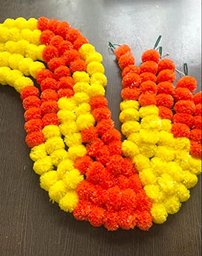 Image of SPHINX Artificial Marigold Fluffy Flowers Garlands for Decoration - Pack of 5 (Yellow and Dark Orange Patterned)