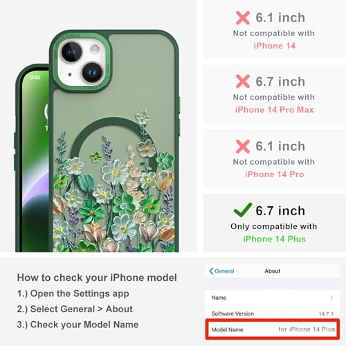 Image of Magnetic for iPhone 14 Plus Case with for Women, Green Floral | Pretty Oil Painting Flower Pattern Design [Compatible with MagSafe] Shockproof Slim Translucent Matte Non-Slip Cover