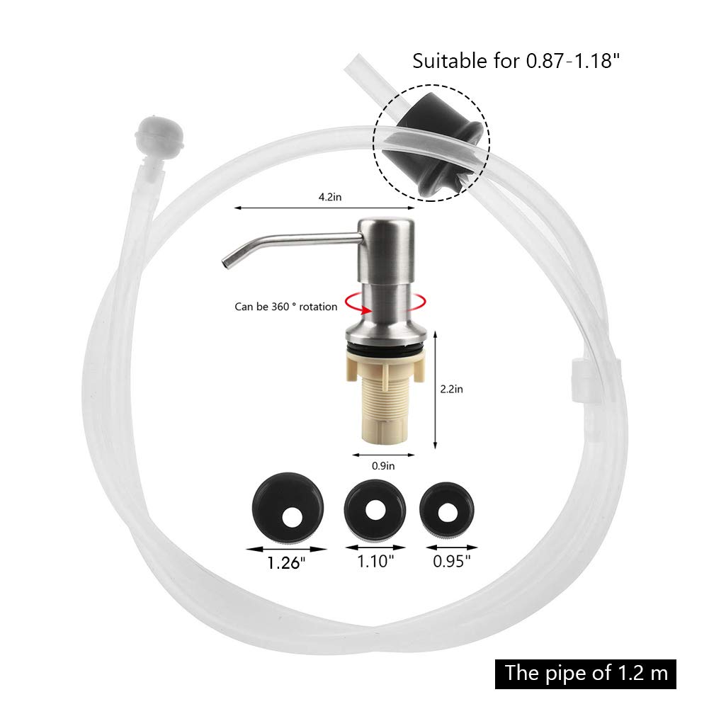 Dispensador de jabón para fregadero de cocina y tubo de extensión de acero inoxidable,con tubo de 120 cm,bomba dispensadora y 4 tapones universales para botellas, accesorios fregadero de cocina, plata