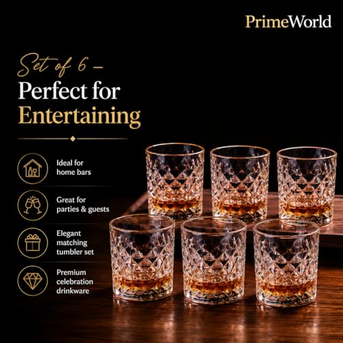 Image of PrimeWorld Diamond European Design Crystal Whiskey Glasses Set of 6 pcs- 300 ml Bar Glass for Drinking Bourbon, Whisky, Scotch, Cocktails, Cognac- Old Fashioned Cocktail Tumblers