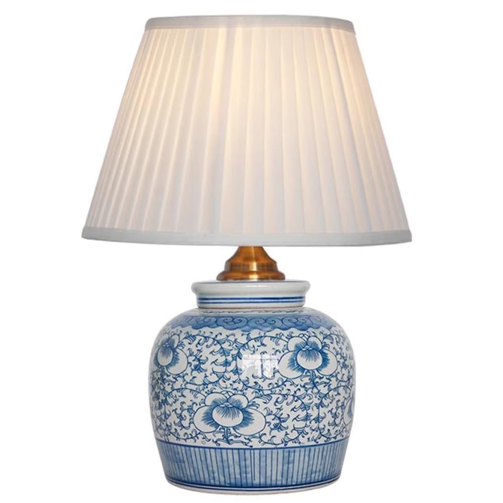 SANBDDLYY Blue and White Ceramic Table Lamp - Handcrafted Chinese Design Desk for Bedroom, Living Room, Office, and Study