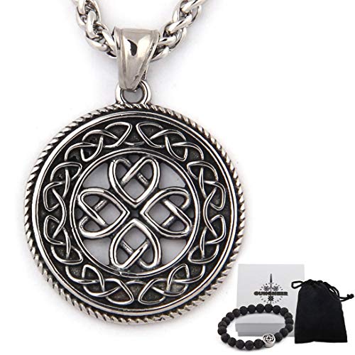 Triquetra Cat Pendant Necklace with Stainless Steel Wheat Chain, Trinity Celtic Knot Triquetra Charm for Women Men, Bonus 2X Runic Beard Beads