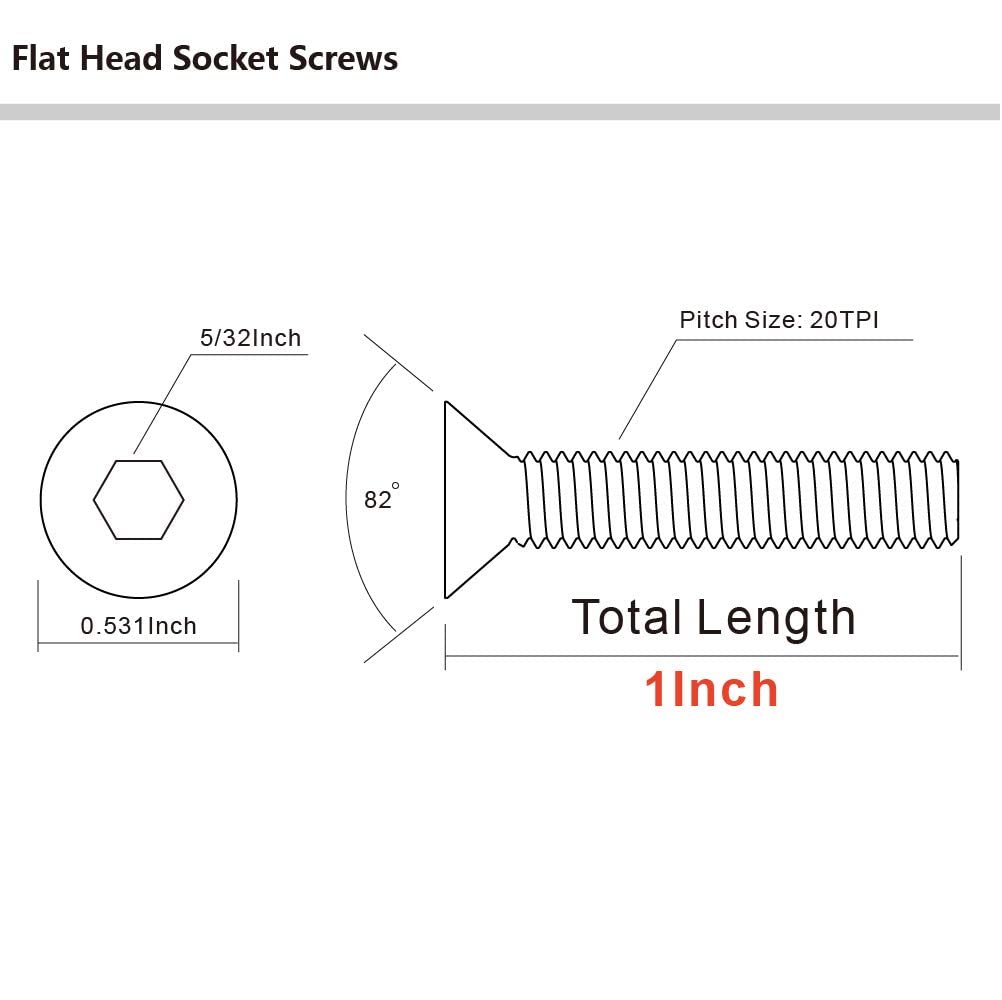 MewuDecor 1/4-20 x 1 Flat Head Socket Cap Screws Countersunk Bolts, Allen Socket Drive, Stainless Steel 18-8, Fully Threaded, Pack of 20