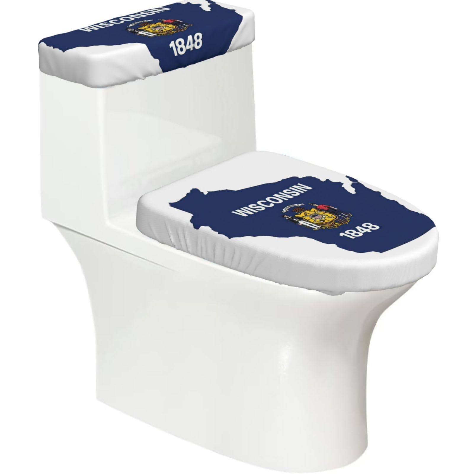 Yqxwjl Black Wisconsin State Flag Map Print 2-Piece Stretch Toilet Cover Set, Elastic Breathable Toilet Seat And Tank Lid Protector
