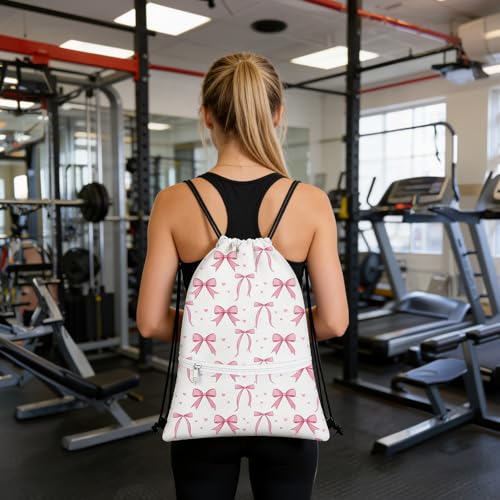 Aurelx Rosa Schleife Turnbeutel, Polyestermaterial Turnbeutel Kinder mit Reißverschlusstasche, Sportbeutel mit Kordelzug für Verwandte, Freunde, Schleifenliebhaber, Schleifengeschenk, Bogenzubehör