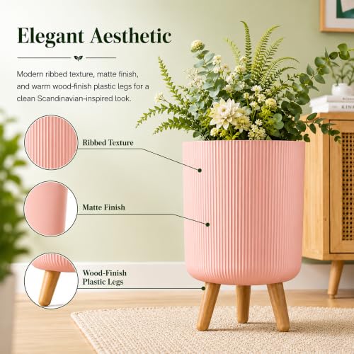 Image of Eightiz Store Modern Pink Flower Pot with Plastic Legs | Indoor Outdoor Planter for Home Garden Balcony Decor Ribbed Design Sturdy Plastic Mid-Century Style (Pink, Pack of 2)