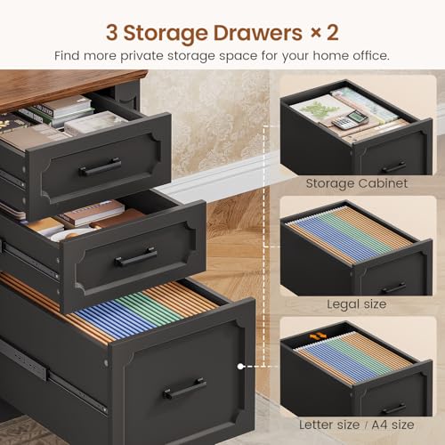 Image of SEDETA Farmhouse 110.3 inch Two Person Desk with 7 Drawers, Long Computer Desk with Storage Cabinet, 2 Person Desk with Power Outlets for Home Office, Black+Brown