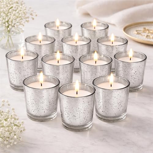 Image of Hosley Set of 24 Silver Mercury Filled Glass Votive Candles. Ideal Gift for Weddings, Bridal Showers, Parties, Home Decor, and Special Events