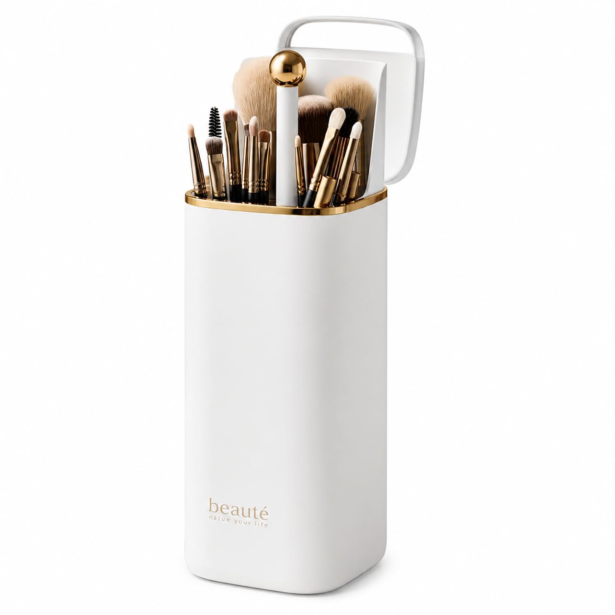 Push Pop-Up Makeup Brush Holder with Dustproof Lid | Automatic Lifting Cosmetic Storage Organizer Container with Inner Compartments & Gold Trim for Vanity, Dressing Table & Bathroom (Matte White)-image-29