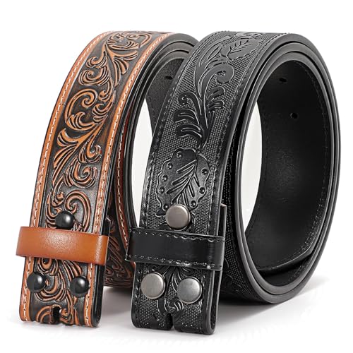 SANSTHS 2 Pack Western Belts without Buckle for Men, Cowboy Belt for Buckle Western Leather Belt Straps for Jeans, Floral Brown & Black