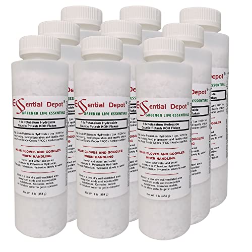 Essential Depot Potassium Hydroxide Flakes KOH 9 lbs (9 x 1 lb Container) Caustic Potash Anhydrous KOH Dry Electrolyte - HDPE Container with Resealable Child Resistant Cap