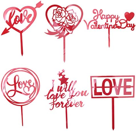 6 PCS Red Happy Valentine's Day Cake Topper Love Heart Shape Cake Decoration Red Rose Flower Cake Toppers for Valentines Day Decorations,Romantic Decorations Special Night,Anniversary Decorations