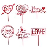 6 PCS Red Happy Valentine's Day Cake Topper Love Heart Shape Cake Decoration Red Rose Flower Cake To
