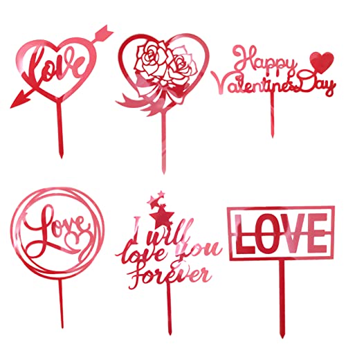 6 Pcs Red Happy Valentine's Day Cake Topper Love Heart Shape Cake Decoration Red Rose Flower Cake Toppers For Valentines Day Decorations,Romantic Decorations Special Night,Anniversary Decorations #TOP4