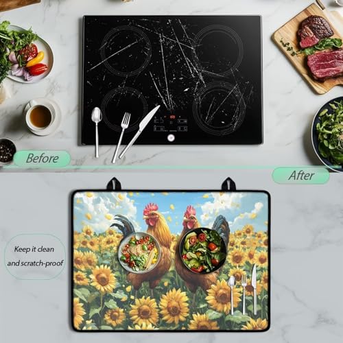 Image of Sunflower Rooster Induction Cooktop Protector Mat, Wear Resistant Stove Top Cover, Extra Large Dish Drying Mat, Folding Dust Cover for Gas Burners, Scratch-resistant Countertop Protector