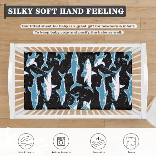 Image of Blue Sharks Fitted Crib Sheet Marine Sharks Baby Crib Sheet Fit Standard Crib and Toddler Mattress,Crib Mattress Sheets for Boys Girls 28 inchx52 inch
