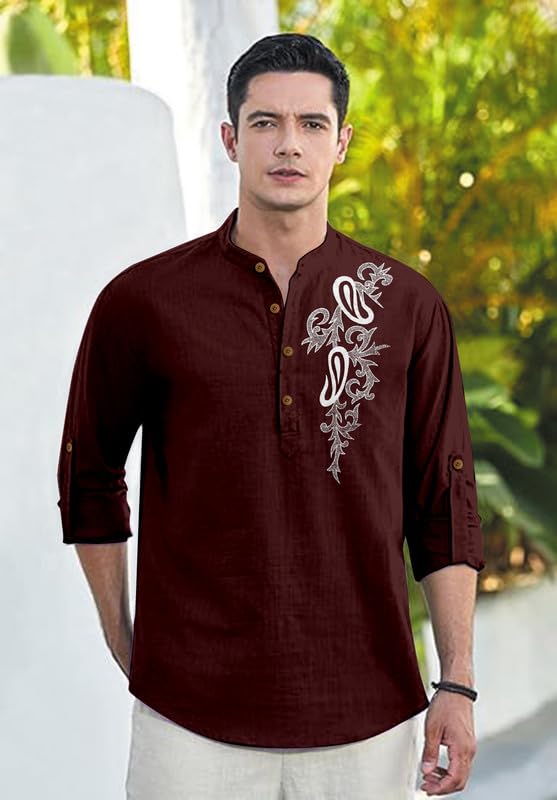 Image of Men's Printed Cotton Blend Short Kurta | Regular Fit Casual Kurta Shirt for Men with Mandarin Collar | Ethnic