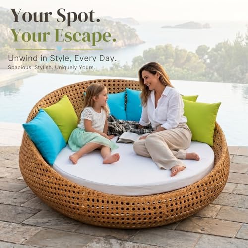 Image of DEVOKO Outdoor Double Seater Wicker Patio Weatherproof Daybed with Water-Resistant Cushions Furniture for Poolside,Garden,Balcony,Terrace(Honey Wicker & White Cushion)