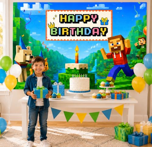 Image of Happy Birthday Banner Boy 6x4ft Birthday Sign Village Gaming Birthday Party Decorations Videogame Themed Banner Video Game Decorations Video Game Happy Birthday Backdrop for Boys