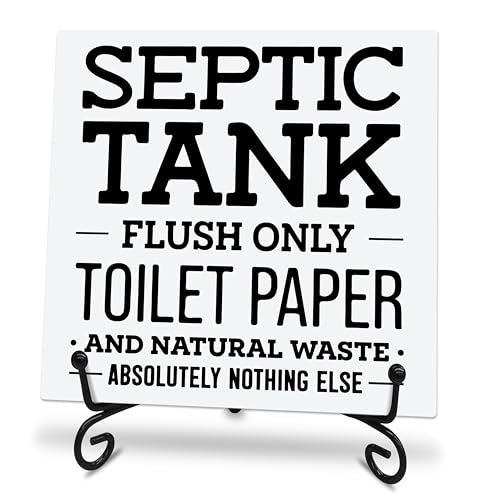 5X5 Wooden Sign With Metal Stand - Septic Tank Flush Only Toilet Paper - Pine Wood Plaque Home & Bathroom Desk Decor Toilet Ornament Shelf Supplies Decorative Housewarming Gift - C09