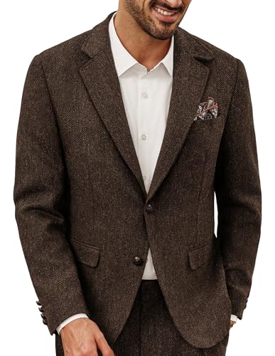 PJ PAUL JONES Men's Vintage Sport Coats Two Button Suit Jacket Wool Herringbone Tweed Notch Lapel Blazer Dark Coffee