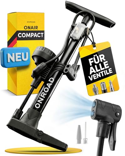 Fahrradpumpe alle Ventile (Presta/SV AV DV) Luftpumpe Fahrrad ONAIR COMPACT mit großem Manometer Adaptern & Ballnadel - Kompakte Pumpe für Unterwegs Standpumpe für EBike & Motorrad