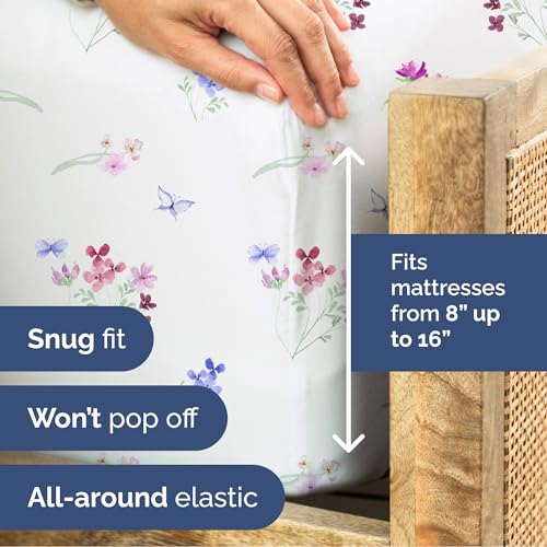 Image of Twin 4 Piece Boho Botanical Floral Sheet Set - Breathable & Cooling - Posy | 1 Flat, 1 Fitted & 2 Pillowcases w / Deep Pockets, Boho Botanical Floral Bedding, Breathable & Cooling, Wrinkle & Fade Free