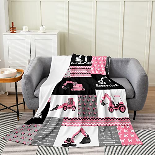 Pink Excavator Flannel Fleece Throw Blanket,Construction Vehicles Bed Blanket Equipment Trucks Fuzzy Blanket for Bed Sofa Couch,Bedroom Decor Cartoon Car Plush Blanket Baby 30